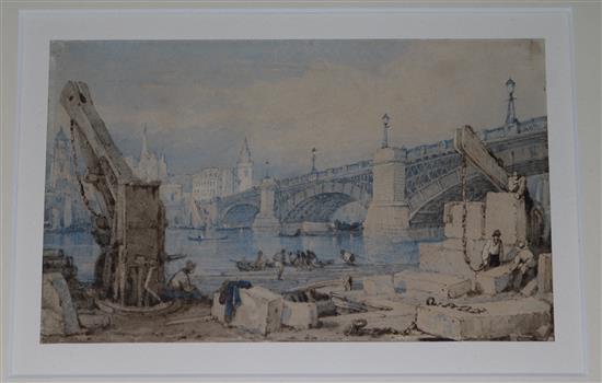 19th century English School The building of London Bridge 4.25 x 6.75in.